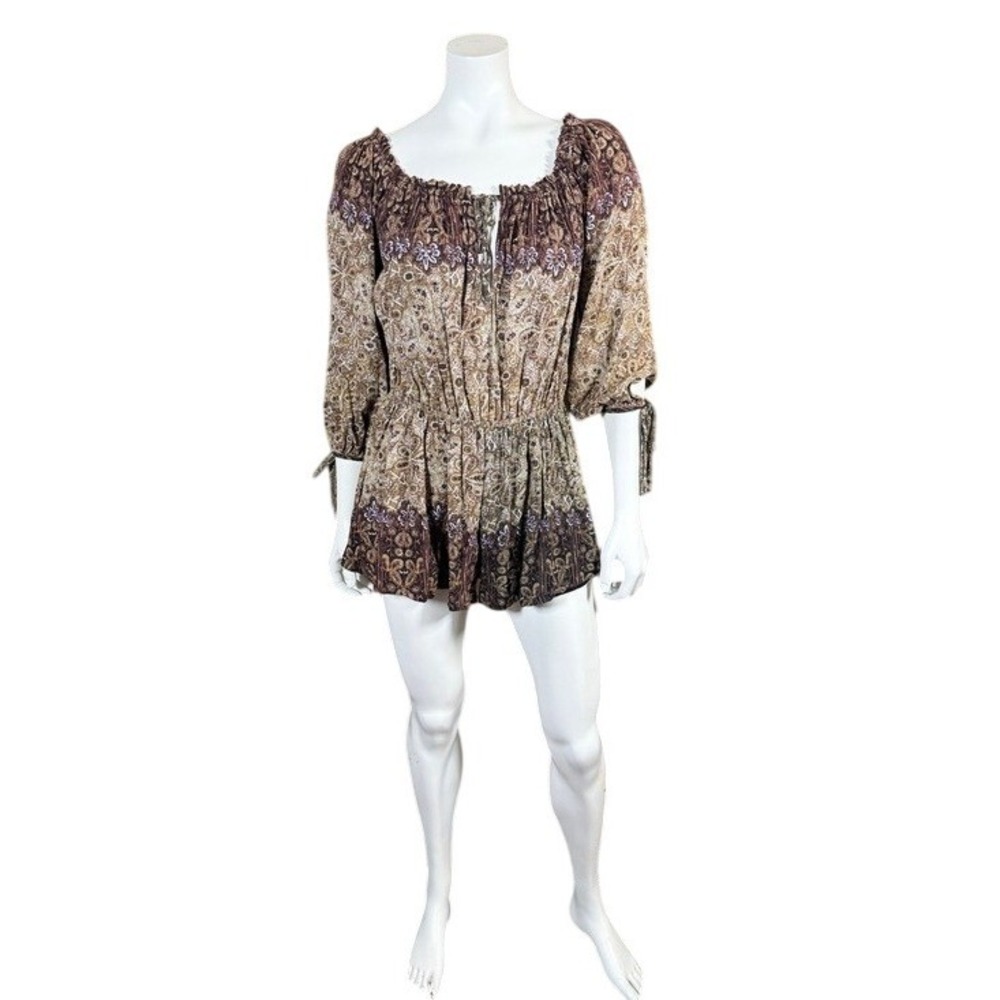 Free People Brown Paisley Floral Boho Romper 3/4 Sleeve Tie‎ Cuff Small